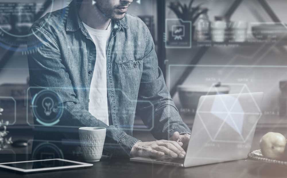 Team leader working remotely on laptop with ai technology overlay